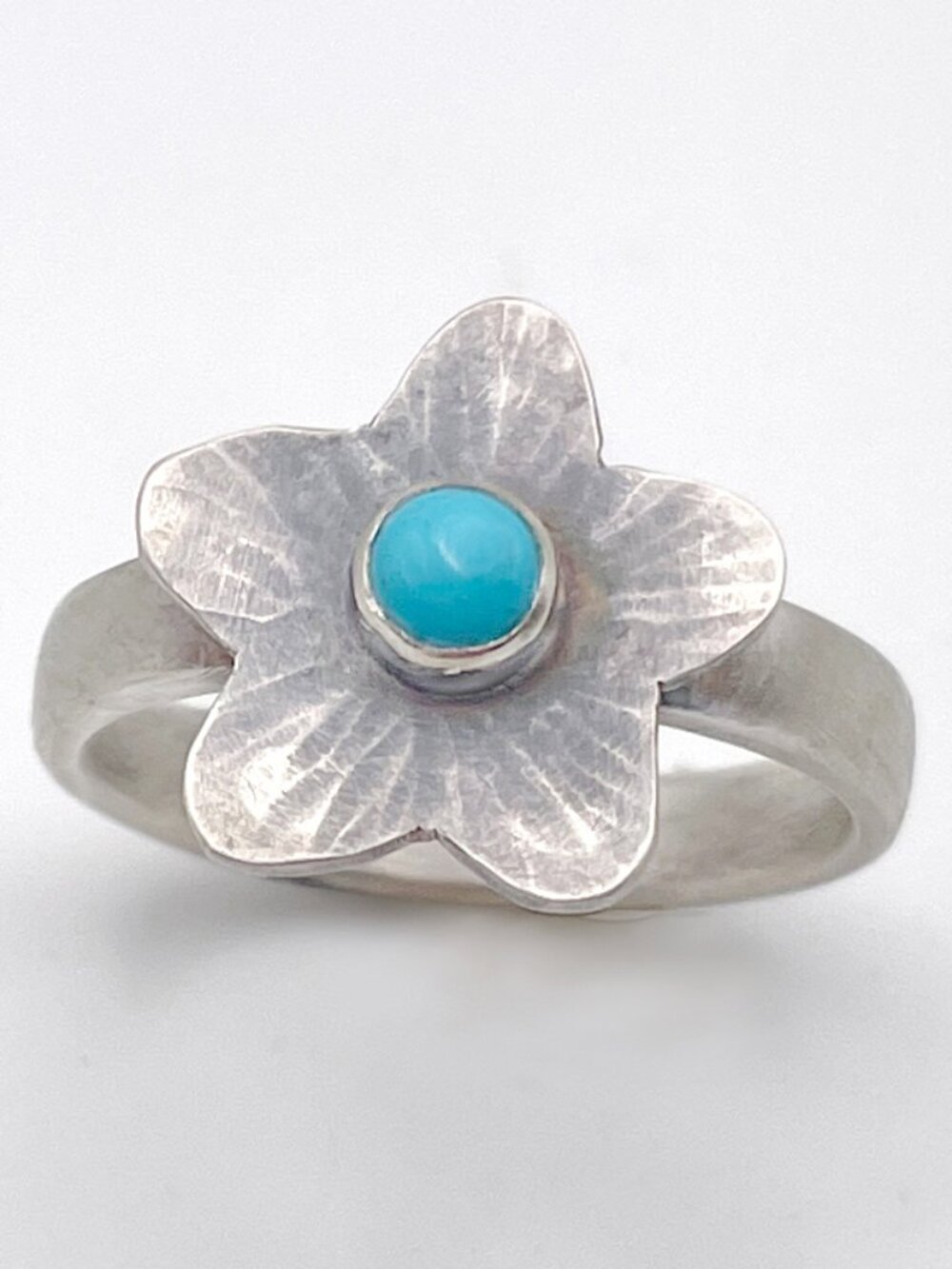Sterling Silver 925 Flower Ring with Sleeping Beauty Turquoise, Size 7